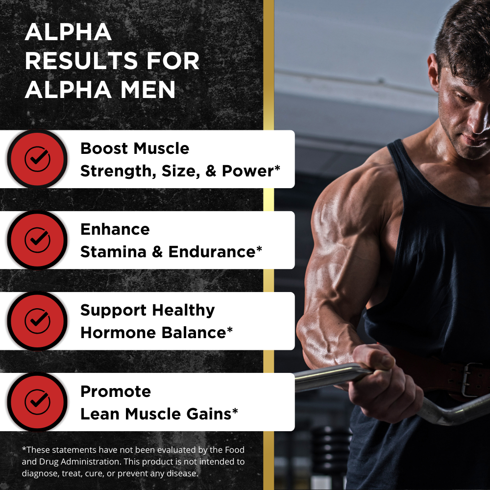Muscular man curling barbell next to product benefits of UNALTERED Muscle Builder like muscle strength, stamina, and hormone support.