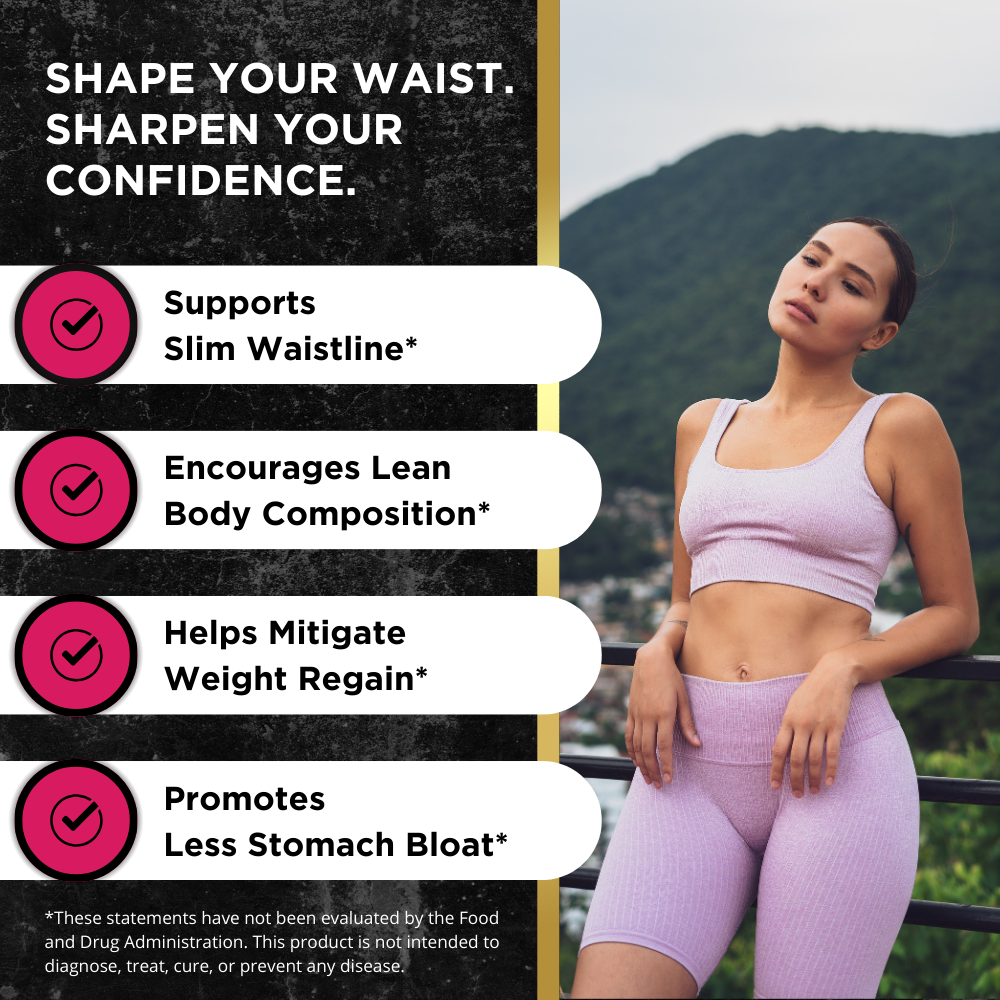 Woman in a lavender workout set standing confidently outdoors, with text highlighting benefits like a slim waistline, lean body composition, weight maintenance, and reduced bloating.