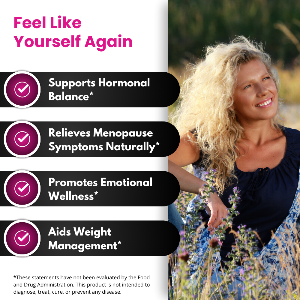 Smiling woman outdoors next to a list of benefits like hormonal balance, menopause symptom relief, emotional wellness, and weight management.