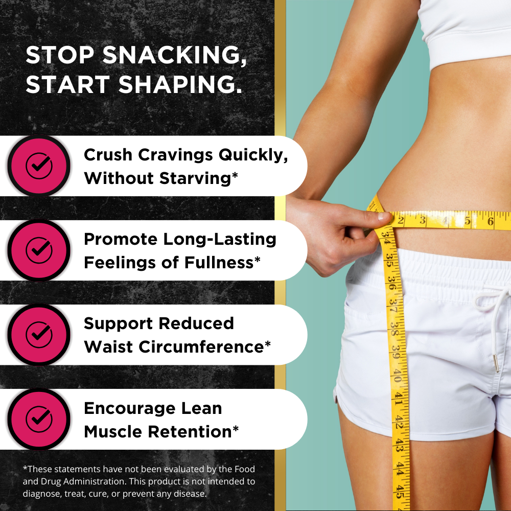 Close-up of a woman's slim waist, with benefits of the UNALTERED Appetite Suppressant on the left about reducing cravings, promoting fullness, trimming waist circumference, and supporting lean muscle.