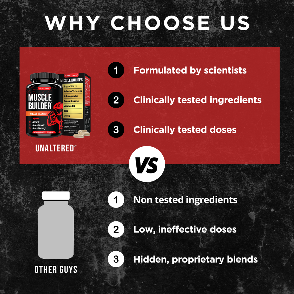 UNALTERED Muscle Builder supplement compared to generic brands, emphasizing science-backed formula and tested doses.