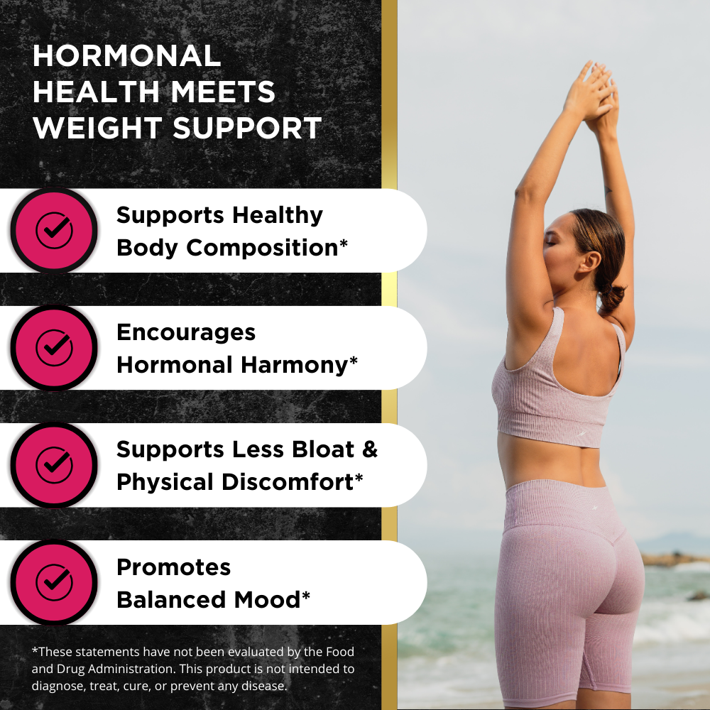 Fit woman stretching outdoors beside text highlighting benefits of a supplement for women, including healthy body composition, hormonal harmony, reduced bloat, and balanced mood.