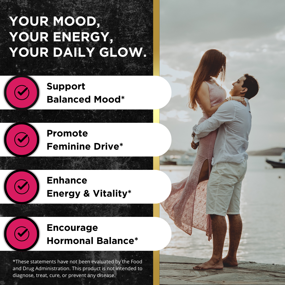 Man lifting a smiling woman by the water, beside text listing benefits of a UNALTERED Hormone Balance + Mood Support: balanced mood, feminine drive, energy and vitality, and hormonal balance.