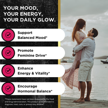 Man lifting a smiling woman by the water, beside text listing benefits of a UNALTERED Hormone Balance + Mood Support: balanced mood, feminine drive, energy and vitality, and hormonal balance.