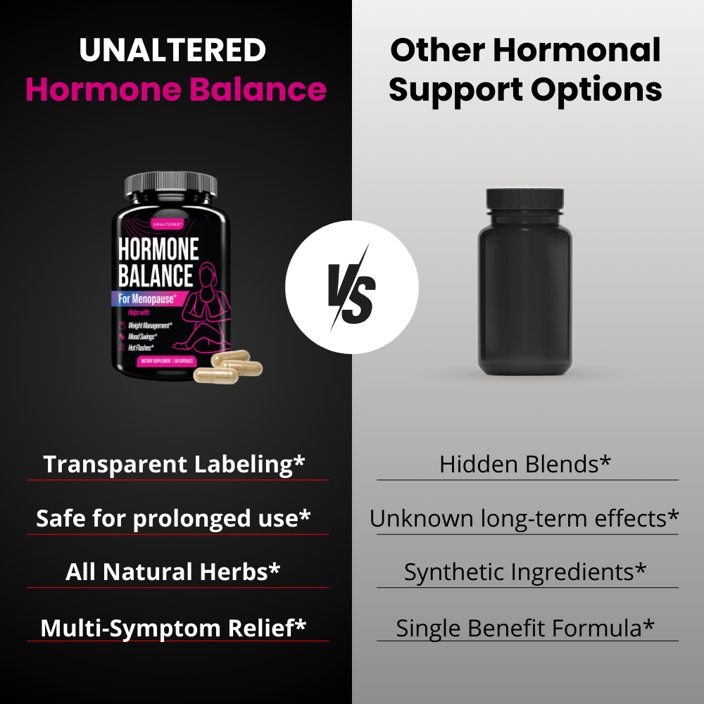 Side-by-side comparison of UNALTERED Hormone Balance and a generic black bottle, highlighting transparency, safety, natural herbs, and multi-symptom relief.