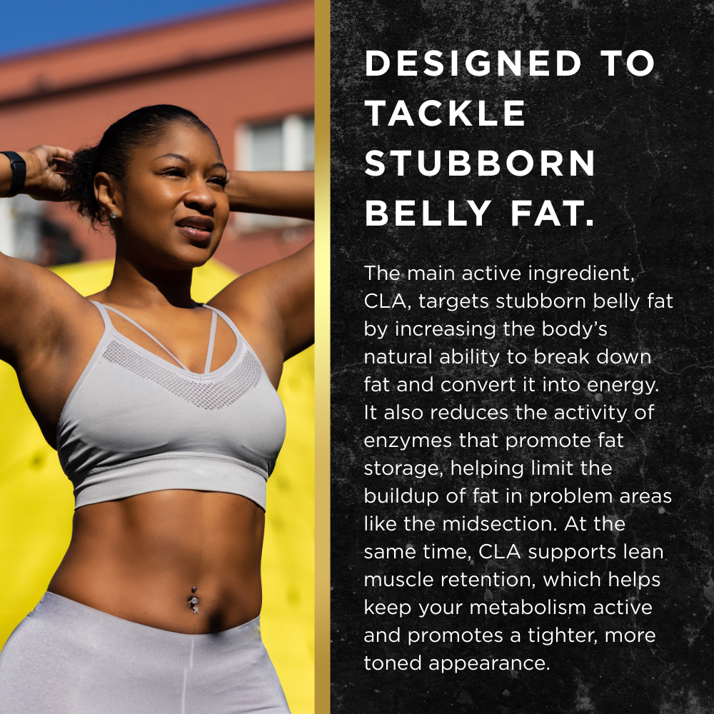 Fit woman in a grey sports bra with hands behind her head, next to text explaining how CLA targets belly fat, supports lean muscle, and enhances metabolism.