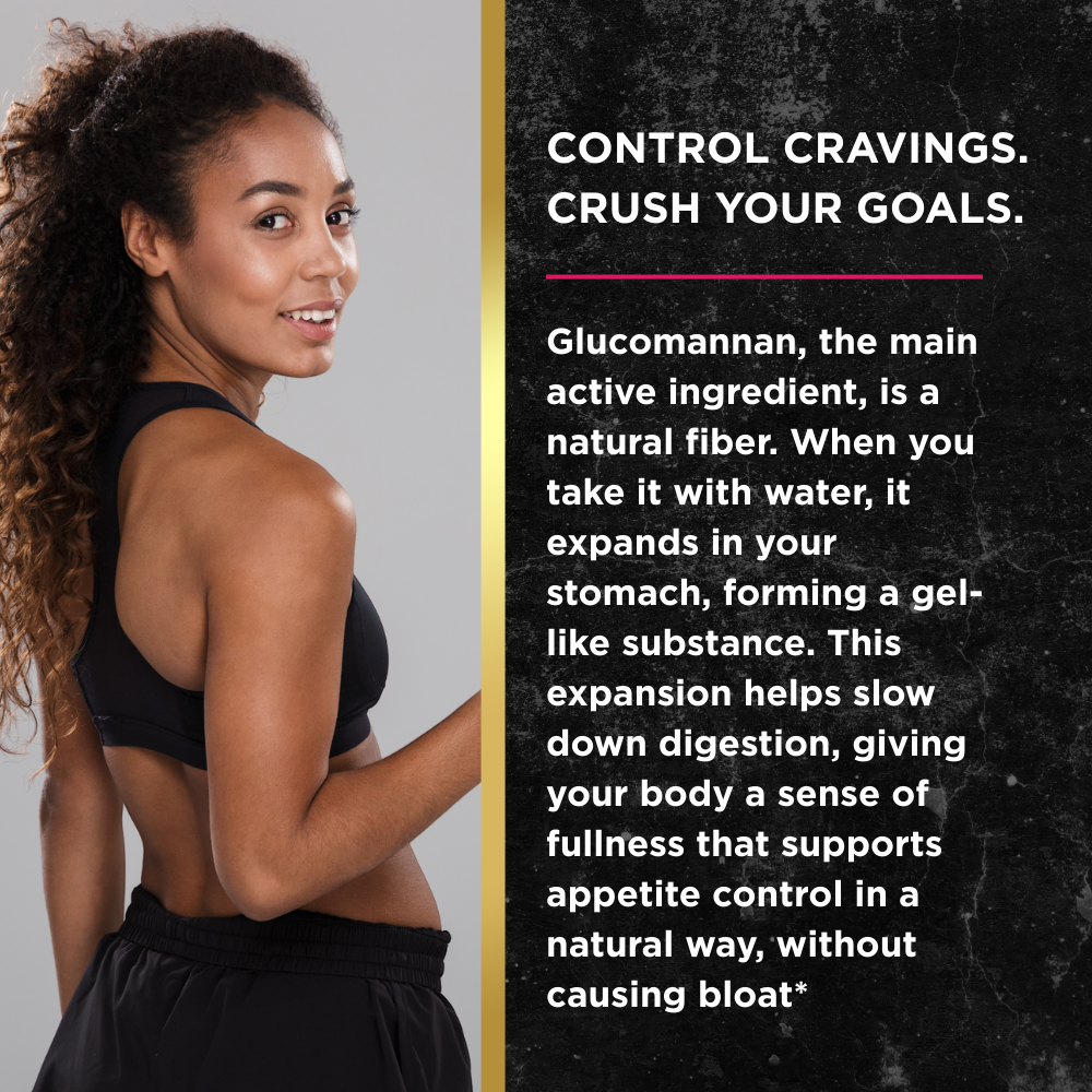 Smiling woman in athletic wear beside text explaining how glucomannan, the main active ingredient in UNALTERED Appetite Suppressant, is a natural fiber that expands in the stomach to promote fullness and appetite control.