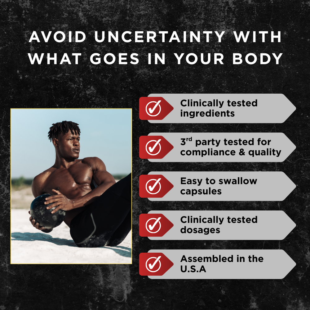 Shirtless man with medicine ball beside claims like tested ingredients, 3rd party testing, and USA assembly.