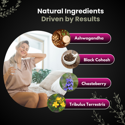 Woman relaxing on a bed holding a glass of water with a list of natural ingredients: Ashwagandha, Black Cohosh, Chasteberry, and Tribulus Terrestris.
