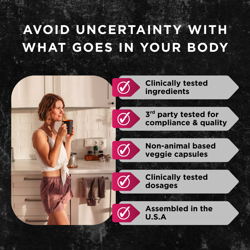 Woman drinking from a mug in a kitchen beside a list of supplement quality highlights including clinically tested ingredients and dosages, third-party testing, veggie capsules, and U.S. assembly.