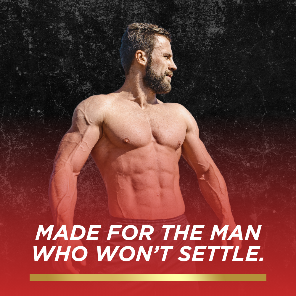 Fit man with abs standing shirtless outdoors with bold text: “Made for the man who won’t settle.”