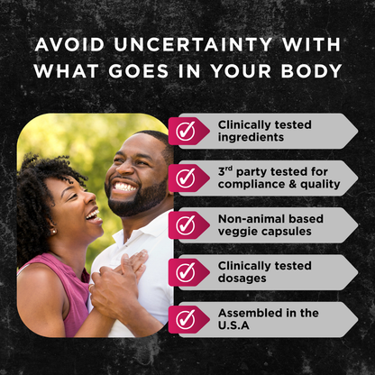 Happy couple smiling and holding hands, next to a checklist of supplement quality markers including clinically tested ingredients, third-party testing, and U.S. assembly.