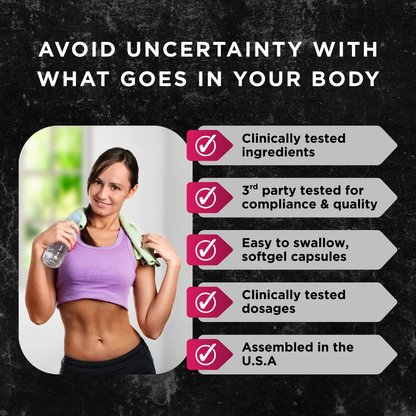 Smiling woman in workout attire holding a water bottle with checkmarks for clinically tested ingredients, softgel capsules, and assembly in the USA.