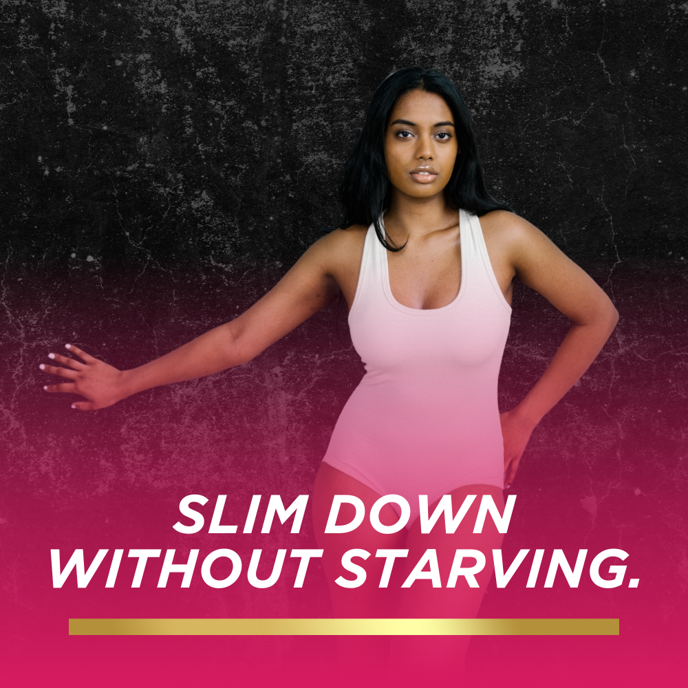 Confident woman in light pink bodysuit standing with one arm extended, overlaid with bold text reading "Slim down without starving" against a pink gradient background.
