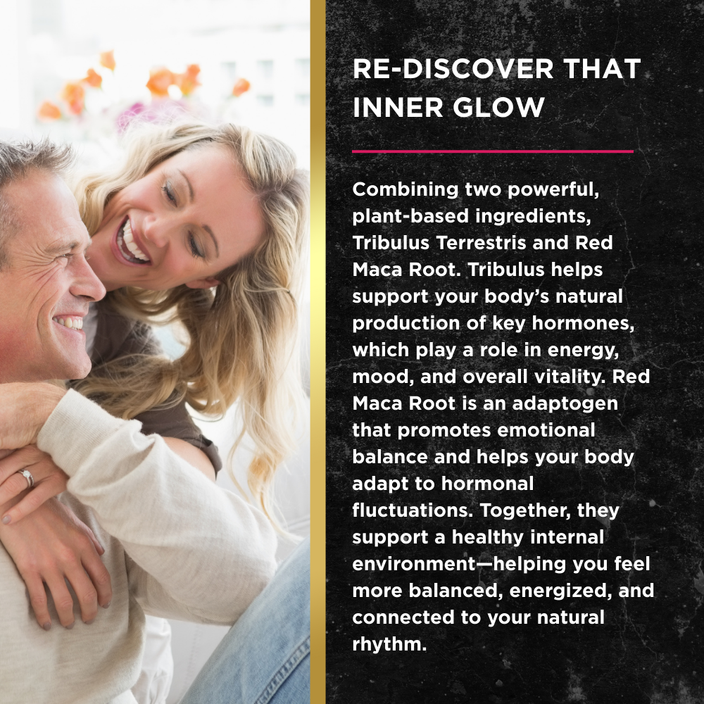Smiling woman hugging her husband from behind, next to text explaining how Tribulus and Red Maca Root work together to support mood, energy, and hormonal balance.