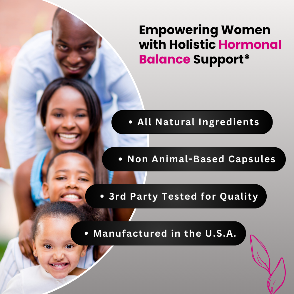 Smiling family of four with text highlighting all-natural ingredients, vegan capsules, 3rd party testing, and U.S. manufacturing.