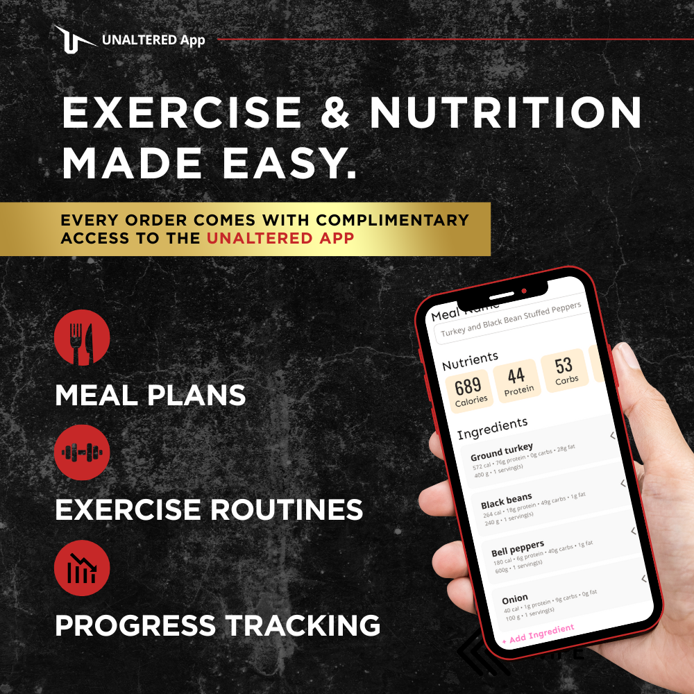 Hand holding smartphone displaying UNALTERED App weight tracking with images and data, next to icons for meal plans, exercise routines, and progress tracking.