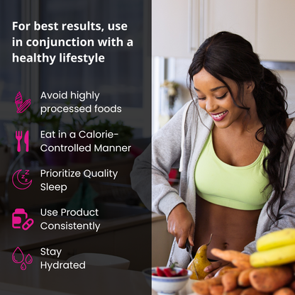 Woman slicing fruit in a kitchen next to lifestyle tips like avoiding processed foods, staying hydrated, and using the product consistently.
