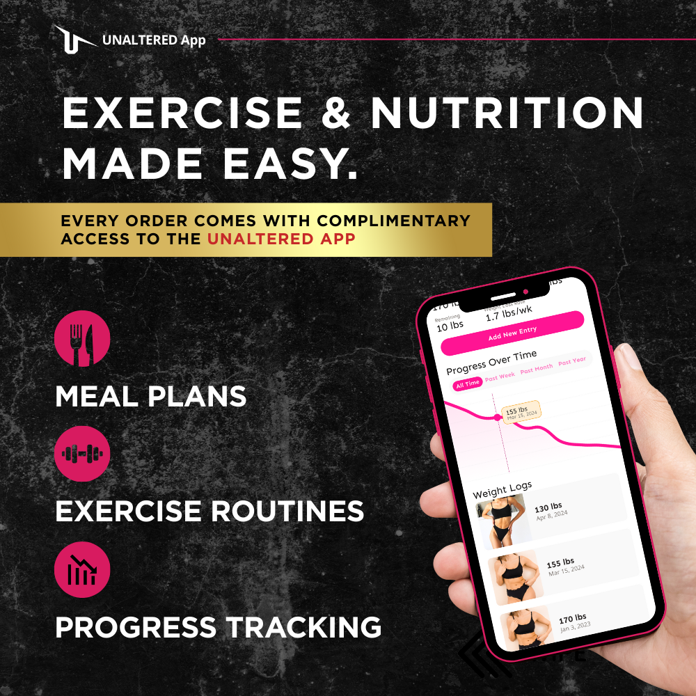 Mobile phone showing the UNALTERED app with features like meal plans, exercise routines, and weight tracking, offered free with every order.