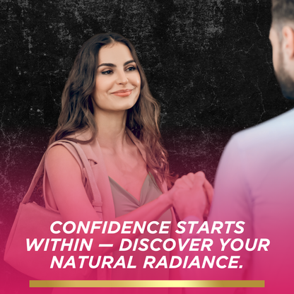 Confident woman shaking hands and smiling warmly, with text reading "Confidence starts within — discover your natural radiance" over a black and pink background.