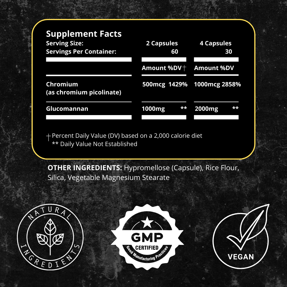 Supplement facts panel for UNALTERED Appetite Suppressant showing glucomannan and chromium content, alongside natural, GMP-certified, and vegan-friendly icons.
