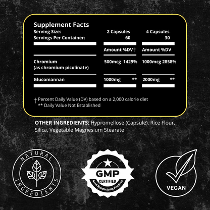 Supplement facts panel for UNALTERED Appetite Suppressant showing glucomannan and chromium content, alongside natural, GMP-certified, and vegan-friendly icons.