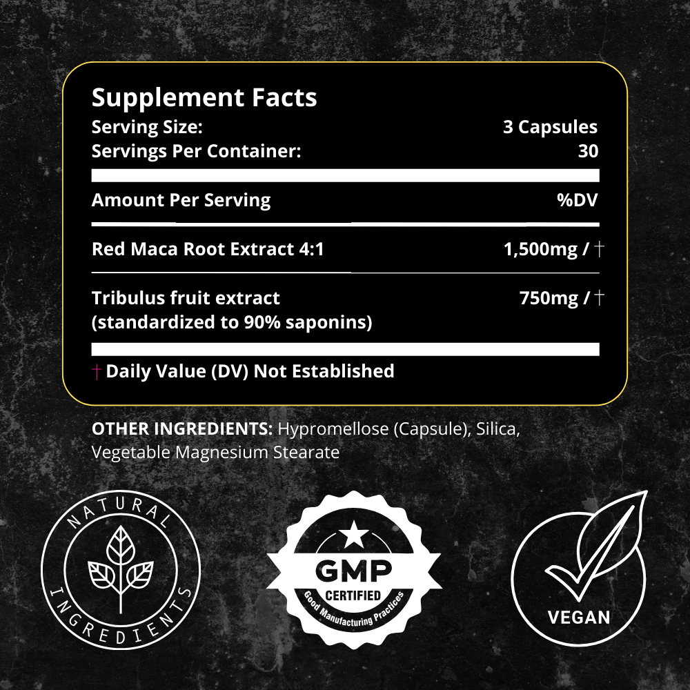 Supplement facts panel for Women’s Balance listing Red Maca Root and Tribulus extract. Icons indicate natural ingredients, GMP certification, and vegan-friendly formulation.