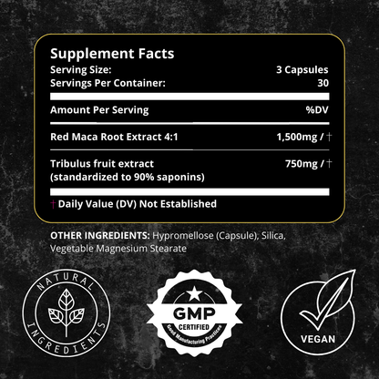 Supplement facts panel for Women’s Balance listing Red Maca Root and Tribulus extract. Icons indicate natural ingredients, GMP certification, and vegan-friendly formulation.