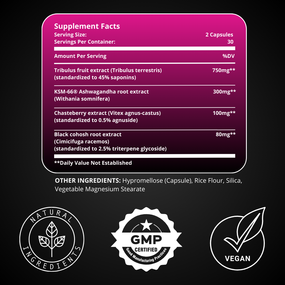Supplement facts label for Hormone Balance with dosage details for Tribulus, Ashwagandha, Chasteberry, and Black Cohosh, plus icons for GMP, vegan, and natural ingredients.