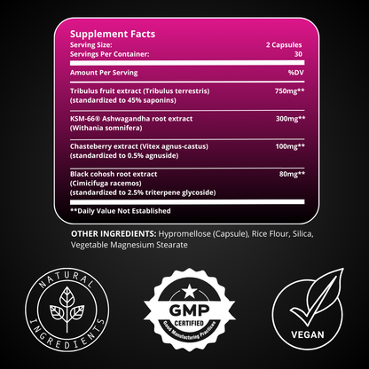 Supplement facts label for Hormone Balance with dosage details for Tribulus, Ashwagandha, Chasteberry, and Black Cohosh, plus icons for GMP, vegan, and natural ingredients.