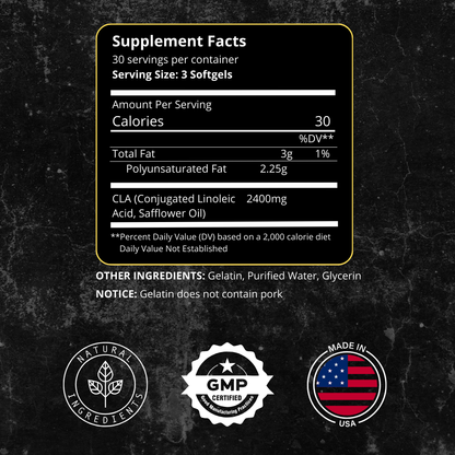 Supplement facts for Slim Tighten Tone, listing 2400 mg CLA per serving and additional fat content, with GMP, vegan, and made in the USA certifications.