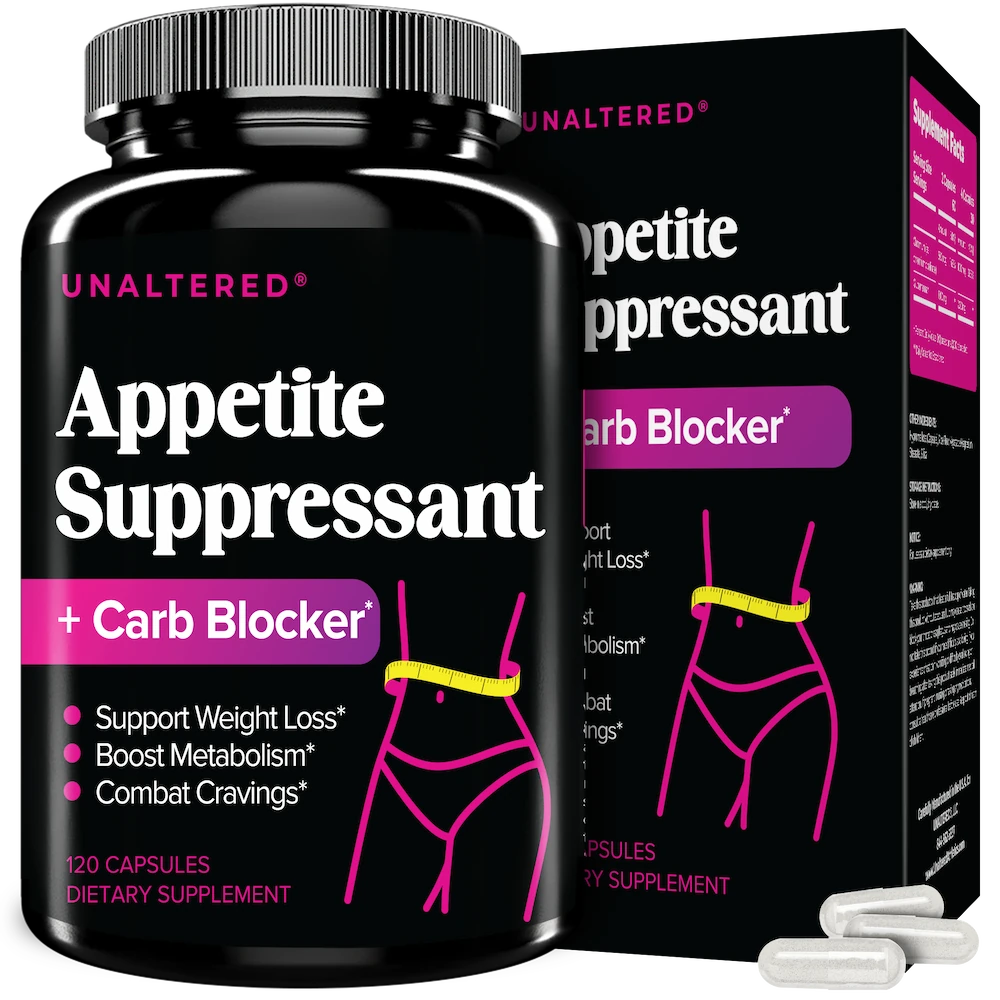 UNALTERED Appetite Suppressant + Carb Blocker supplement bottle and box in black and pink design, highlighting benefits like weight loss support, metabolism boost, and craving control. Contains 120 capsules.