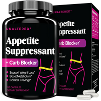 UNALTERED Appetite Suppressant + Carb Blocker supplement bottle and box in black and pink design, highlighting benefits like weight loss support, metabolism boost, and craving control. Contains 120 capsules.