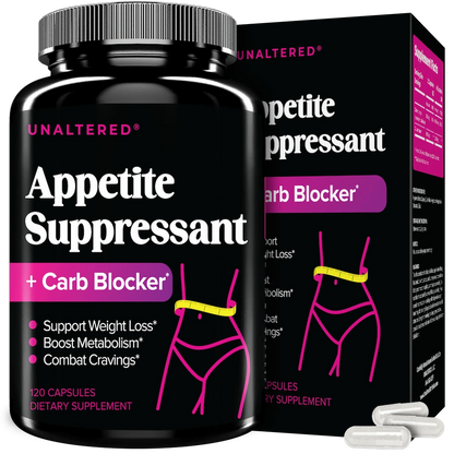 UNALTERED Appetite Suppressant + Carb Blocker supplement bottle and box in black and pink design, highlighting benefits like weight loss support, metabolism boost, and craving control. Contains 120 capsules.