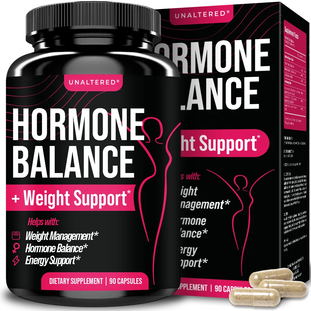 UNALTERED Hormone Balance + Weight Support supplement bottle and box with pink and black design, highlighting benefits like weight management, hormone balance, and energy support. Includes 90 capsules.