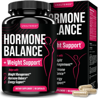UNALTERED Hormone Balance + Weight Support supplement bottle and box with pink and black design, highlighting benefits like weight management, hormone balance, and energy support. Includes 90 capsules.