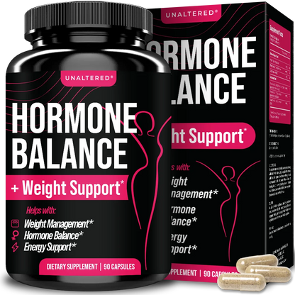 UNALTERED Hormone Balance + Weight Support supplement bottle and box with pink and black design, highlighting benefits like weight management, hormone balance, and energy support. Includes 90 capsules.