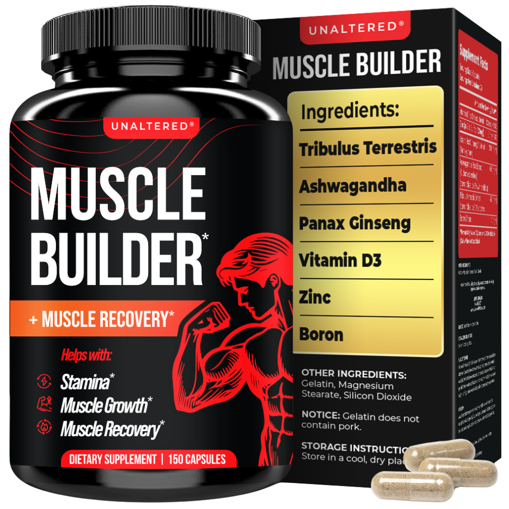 Black and red Muscle Builder supplement bottle with product box, highlighting key ingredients and benefits.