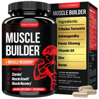 Black and red Muscle Builder supplement bottle with product box, highlighting key ingredients and benefits.