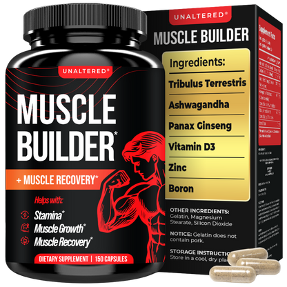Black and red Muscle Builder supplement bottle with product box, highlighting key ingredients and benefits.