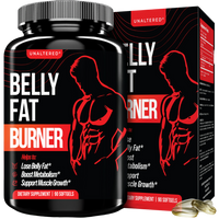 UNALTERED Belly Fat Burner supplement bottle and box. The packaging features a red and black design with the silhouette of a muscular man. Text on the label highlights benefits such as "Lose Belly Fat," "Boost Metabolism," and "Support Muscle Growth." The bottle contains 90 softgels, and two softgels are displayed in the foreground.