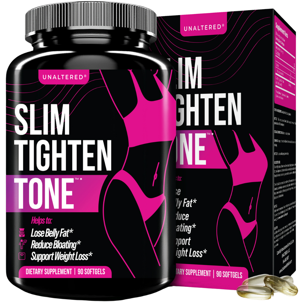 UNALTERED Slim Tighten Tone supplement bottle and packaging, designed for weight management, muscle retention, and improved body composition.