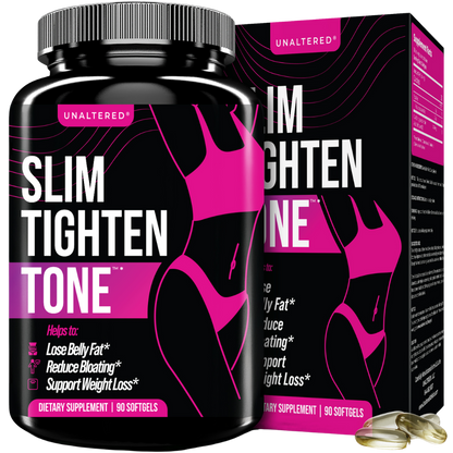 UNALTERED Slim Tighten Tone supplement bottle and packaging, designed for weight management, muscle retention, and improved body composition.