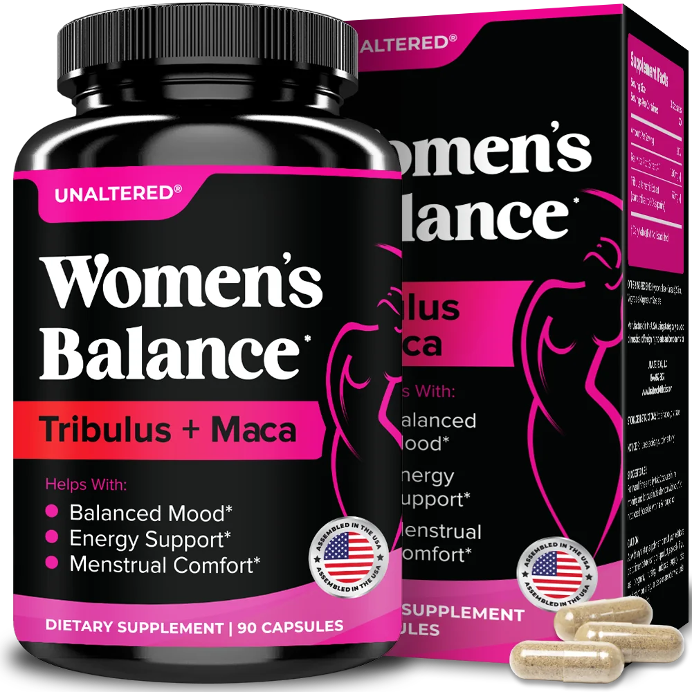 UNALTERED Women’s Balance supplement bottle and box featuring Tribulus and Maca. Packaging highlights benefits like balanced mood, energy support, and menstrual comfort. Includes 90 capsules.