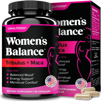 UNALTERED Women’s Balance supplement bottle and box featuring Tribulus and Maca. Packaging highlights benefits like balanced mood, energy support, and menstrual comfort. Includes 90 capsules.