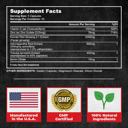 Supplement facts label showing vitamins, herbs, and minerals included in Muscle Builder formula.